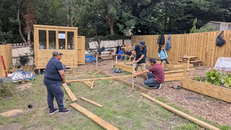 Volunteers building raised beds at the Blaydon community allotment
